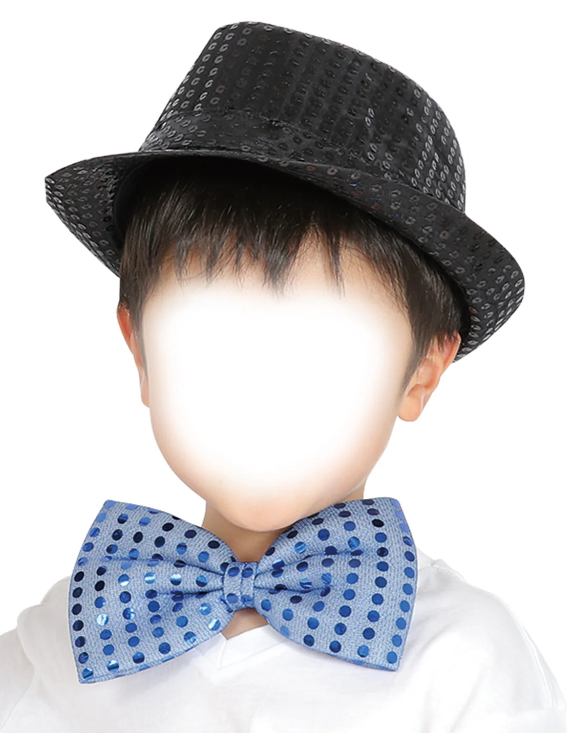 Costume set (sparkling butterfly neck tie blue, sparkling hat black)