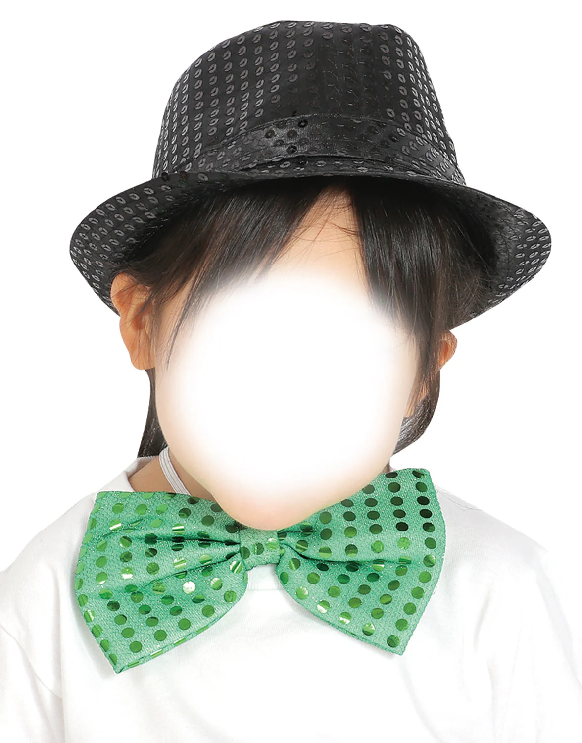 Costume set (glitter butterfly neck tie green, glitter hat black)