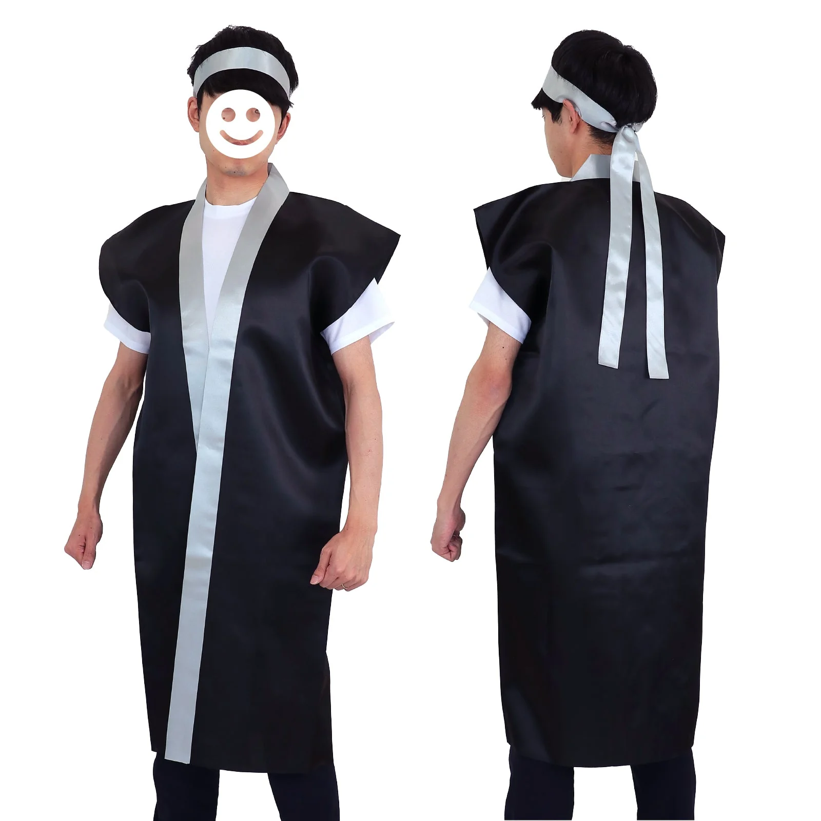 Satin long happy black (silver collar) L with silver hachimaki